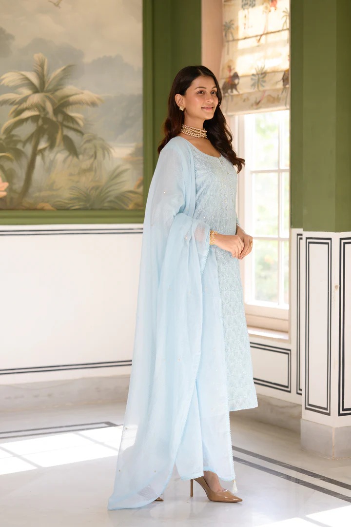 Ice Blue thread Work Chanderi Suit Set with Kota Doriya Dupatta - Image 4