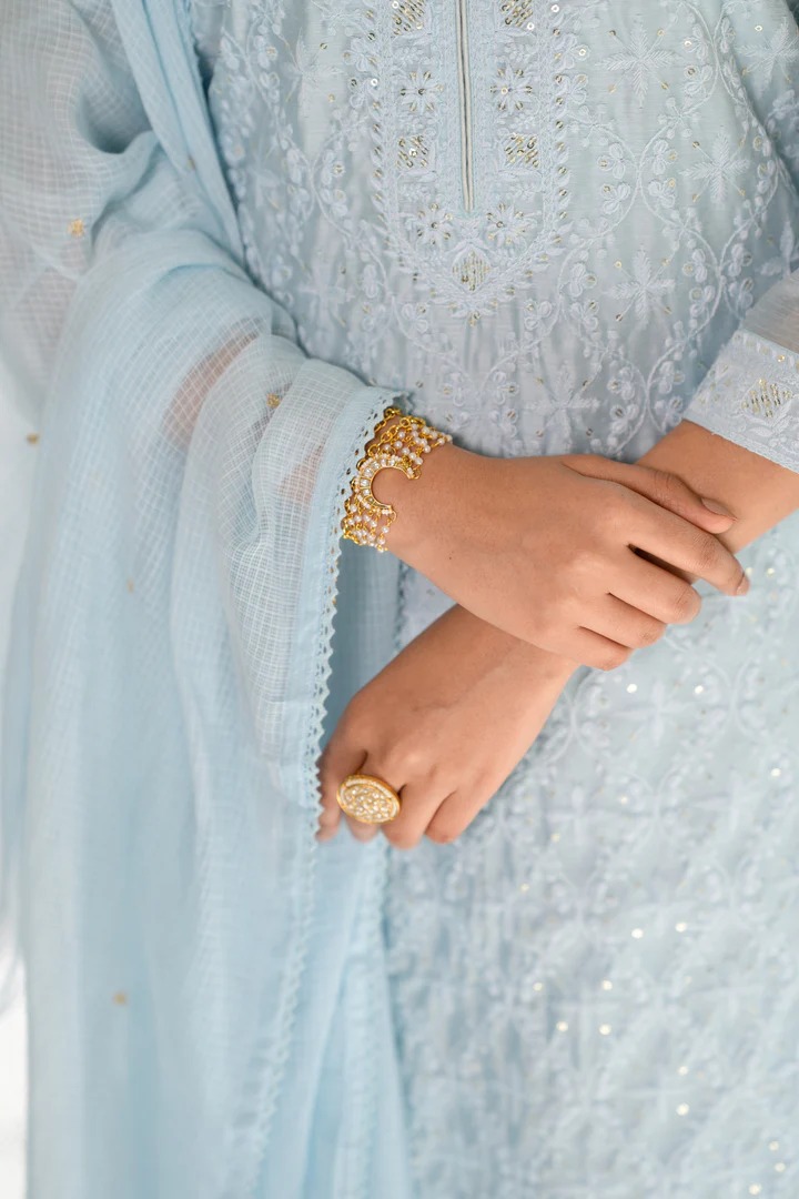 Ice Blue thread Work Chanderi Suit Set with Kota Doriya Dupatta - Image 5