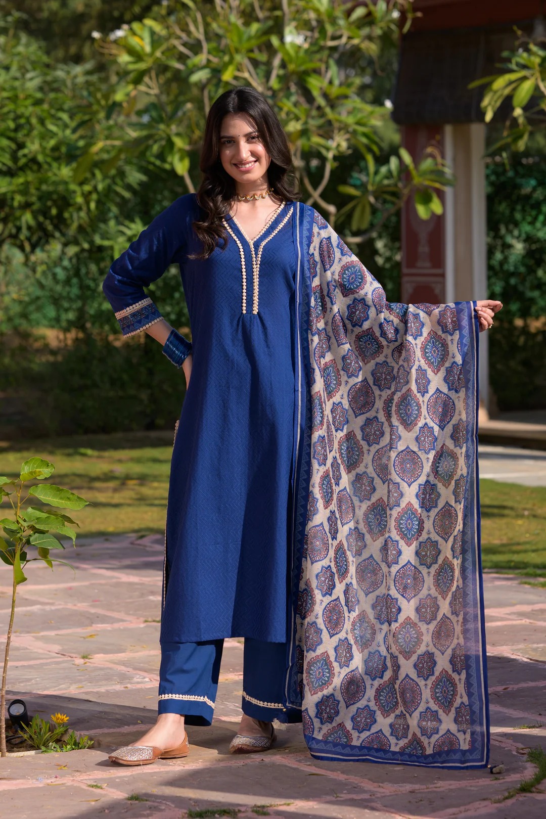 Blue Dobby Cotton with Lace and Block Printed Dupatta Suit Set
