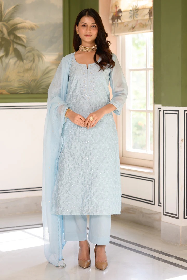 Ice Blue thread Work Chanderi Suit Set with Kota Doriya Dupatta - Image 7