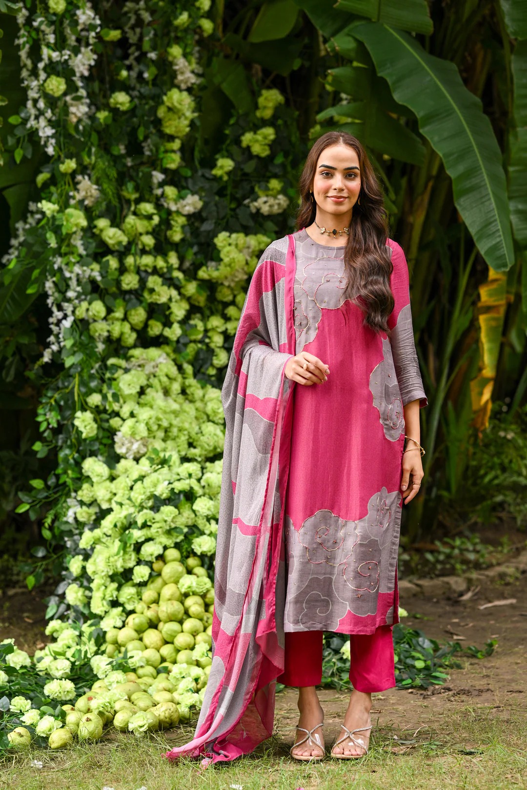 Grey and Burgundy Muslin Suit Set with Zari Threadle Work