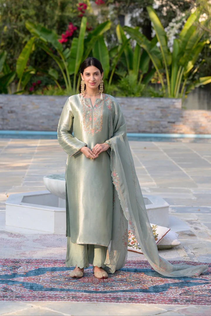 Sage Green Thread Embroidery with cut work and scallop embroidered border Suit Set