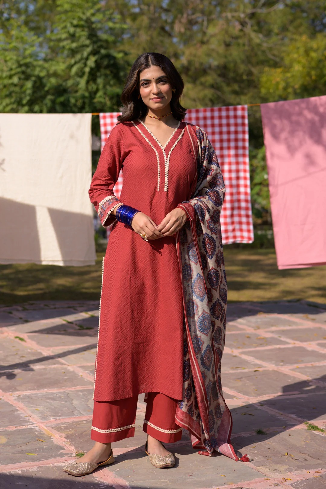 Brick Red Dobby Cotton with Lace and Block Printed Dupatta Suit Set
