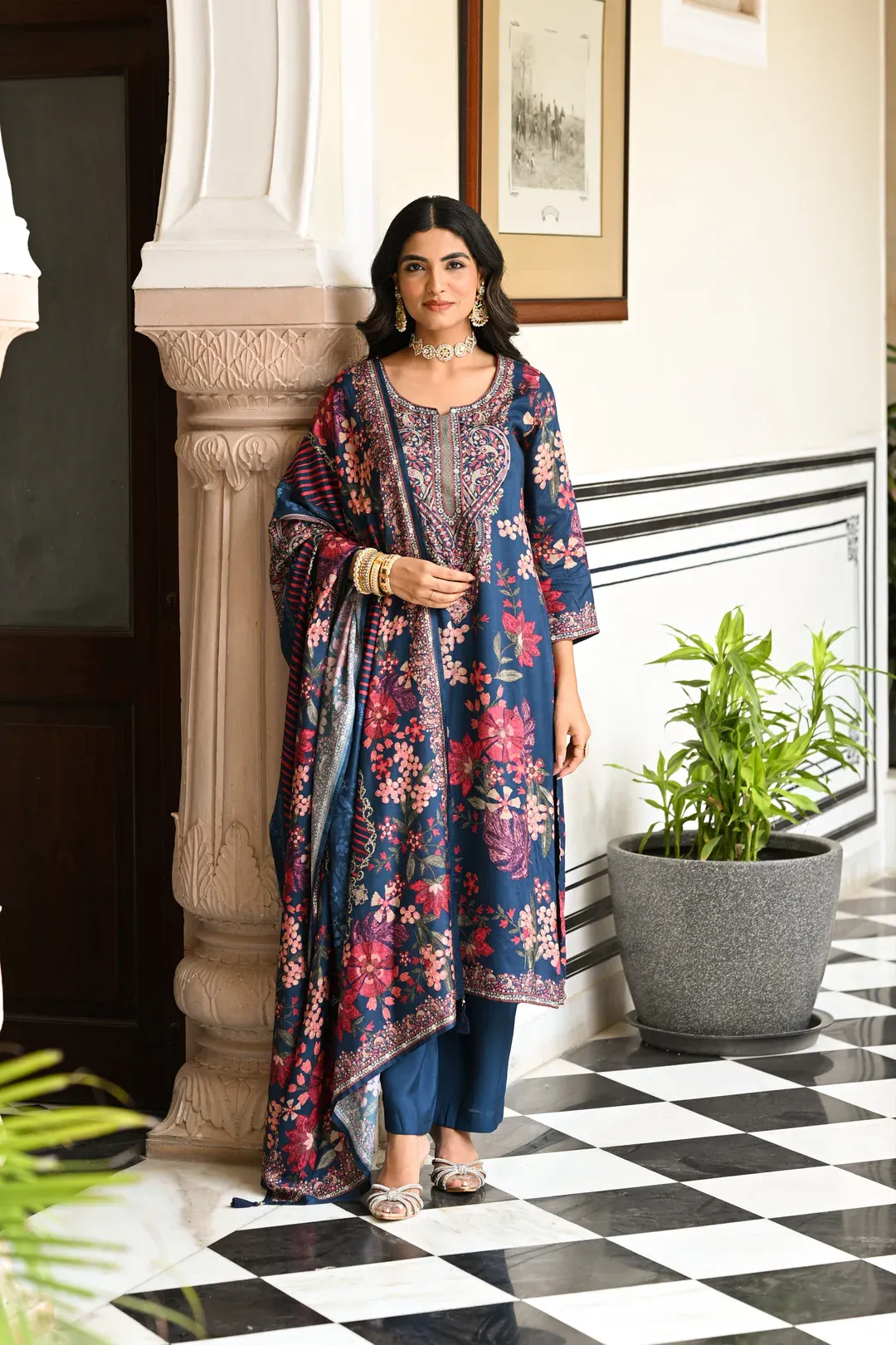 Blue and Red Floral Thread Embroidery Muslin Suit Set