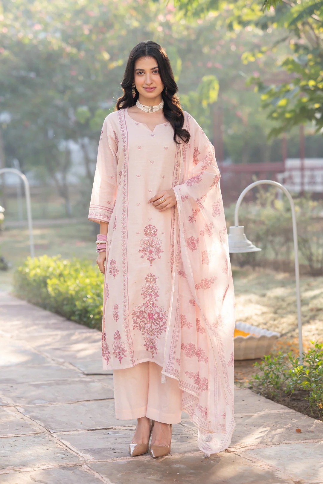 Blush Pink Block Print Chanderi Suit Set