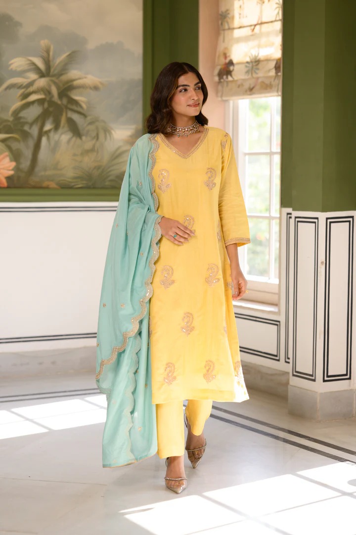 Butter Yellow Marodi Spread Work Kurta with Sea Green Scallop Dupatta Mul Chanderi Suit Set