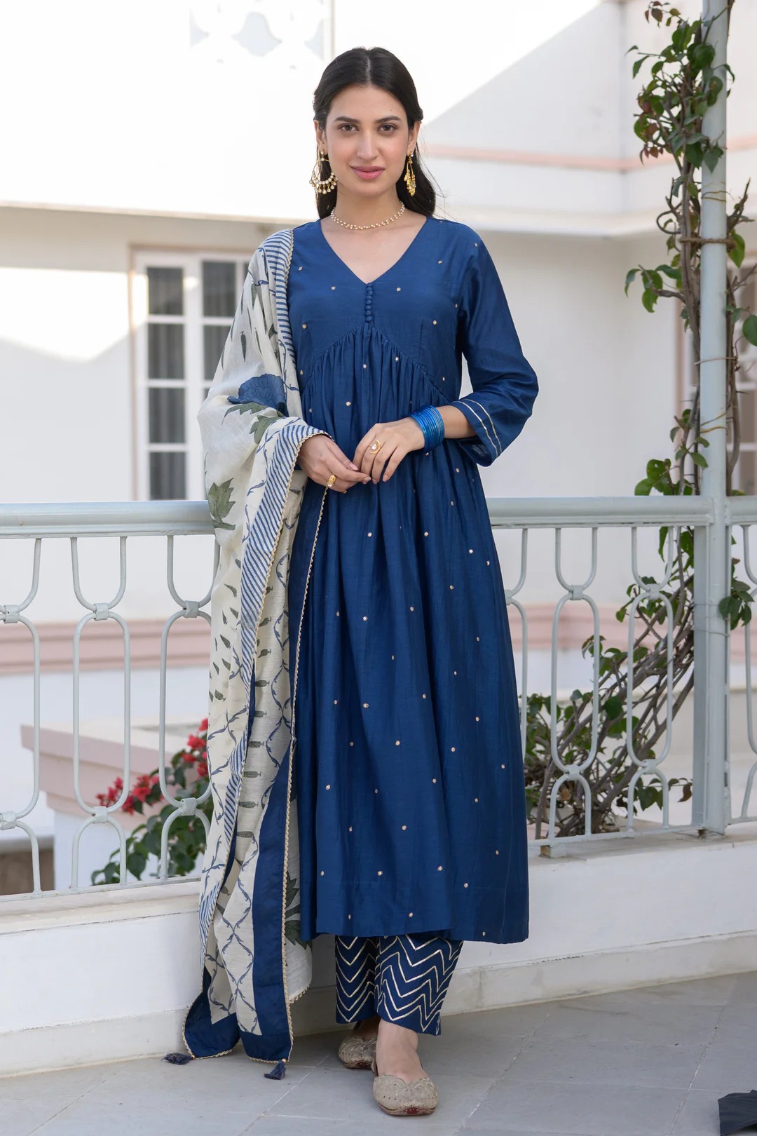 Blue Mul Chanderi Alia Cut With Spread Mirror work and Block Print Dupatta Suit Set
