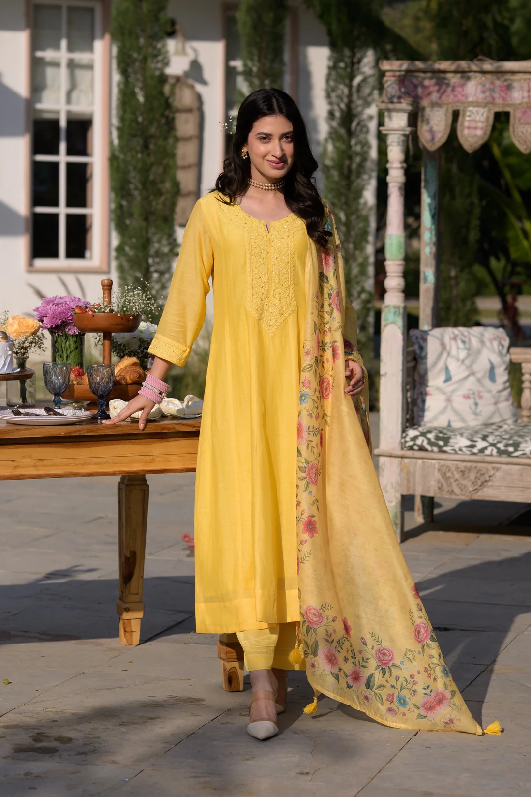 Butter Yellow Lucknowi Work Mul Chanderi Anarkali Suit Set