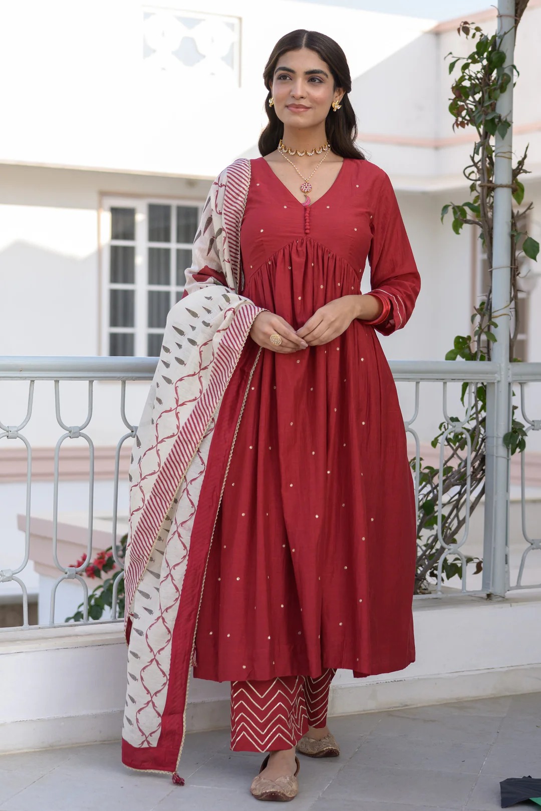 Deep Red Mul Chanderi Alia Cut With Spread Mirror work and Block Print Dupatta Suit Set
