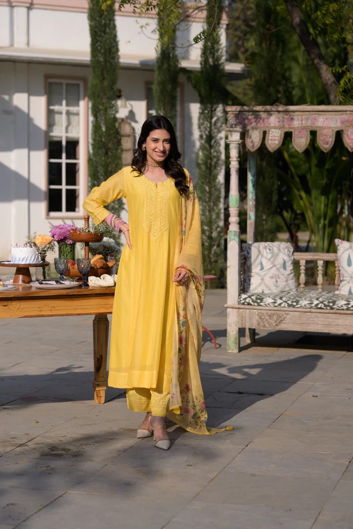 Butter Yellow Lucknowi Work Mul Chanderi Anarkali Suit Set - Image 2
