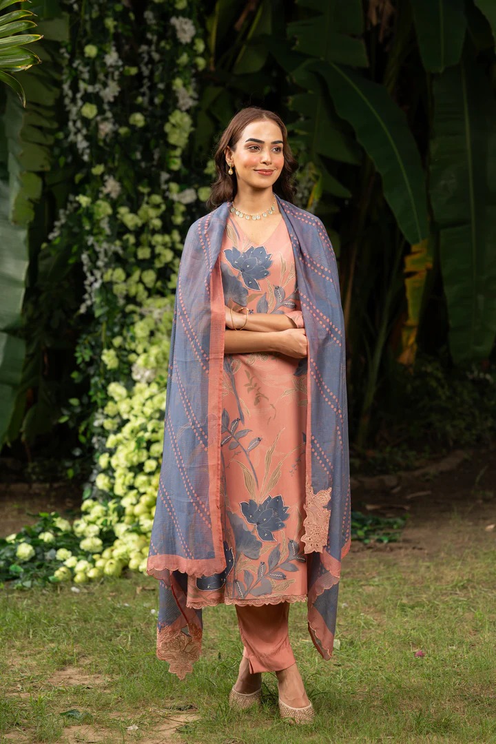 Peach and Greyish Blue Muslin Suit Set With Cut Work Dupatta - Image 3