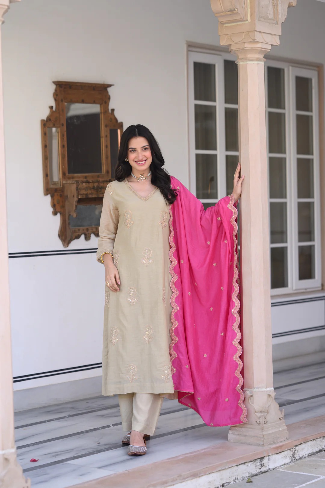 Beige Marodi Spread Work Kurta with Pink Scallop Dupatta Mul Chanderi Suit Set - Image 2
