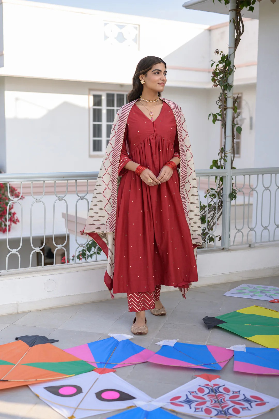 Deep Red Mul Chanderi Alia Cut With Spread Mirror work and Block Print Dupatta Suit Set - Image 2