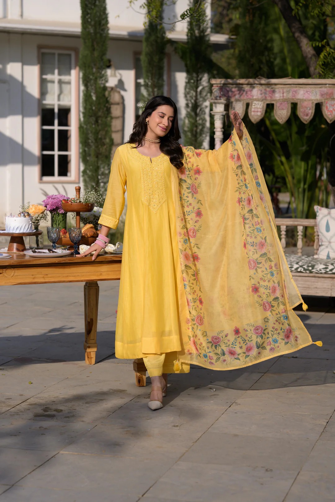 Butter Yellow Lucknowi Work Mul Chanderi Anarkali Suit Set - Image 4