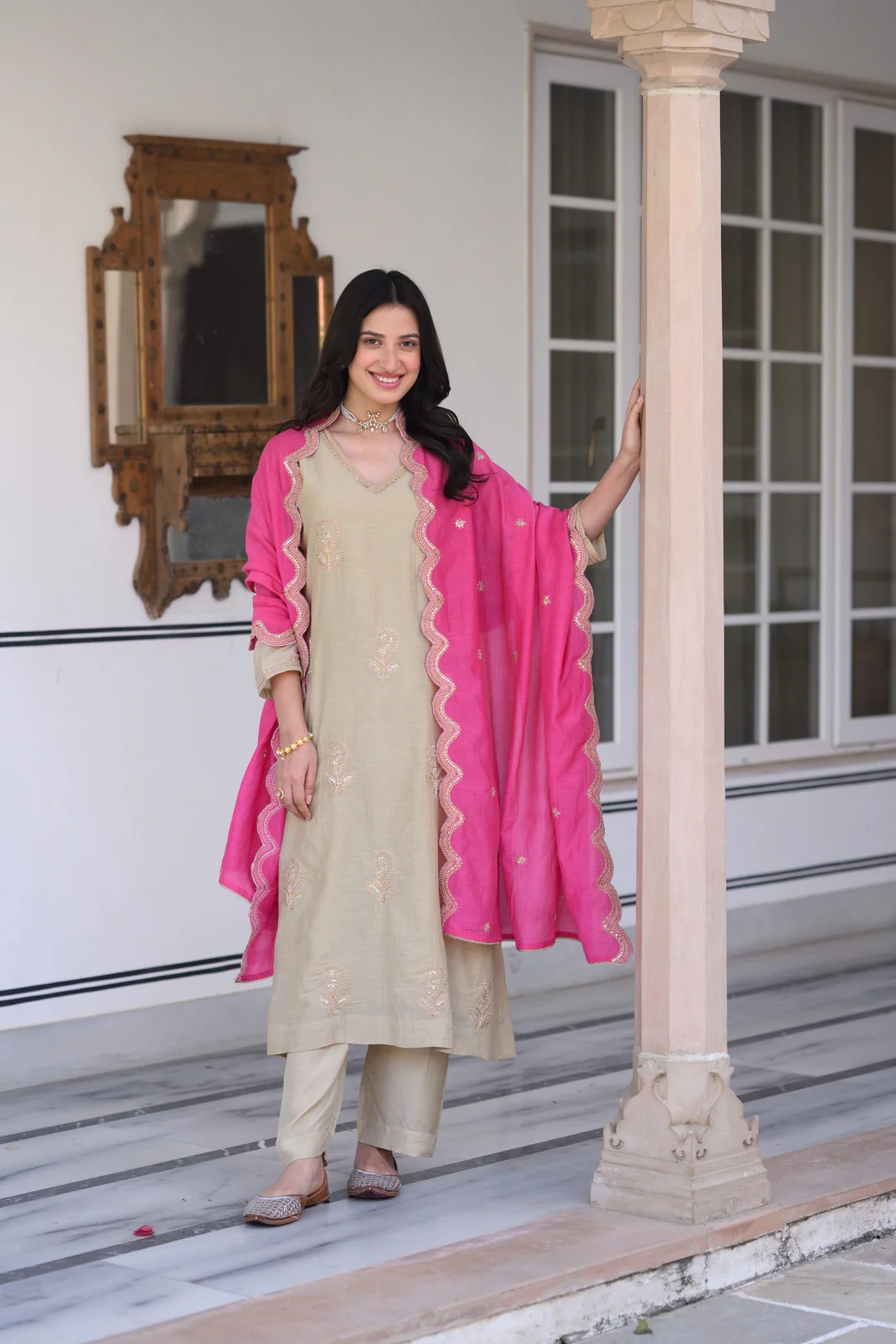 Beige Marodi Spread Work Kurta with Pink Scallop Dupatta Mul Chanderi Suit Set - Image 3