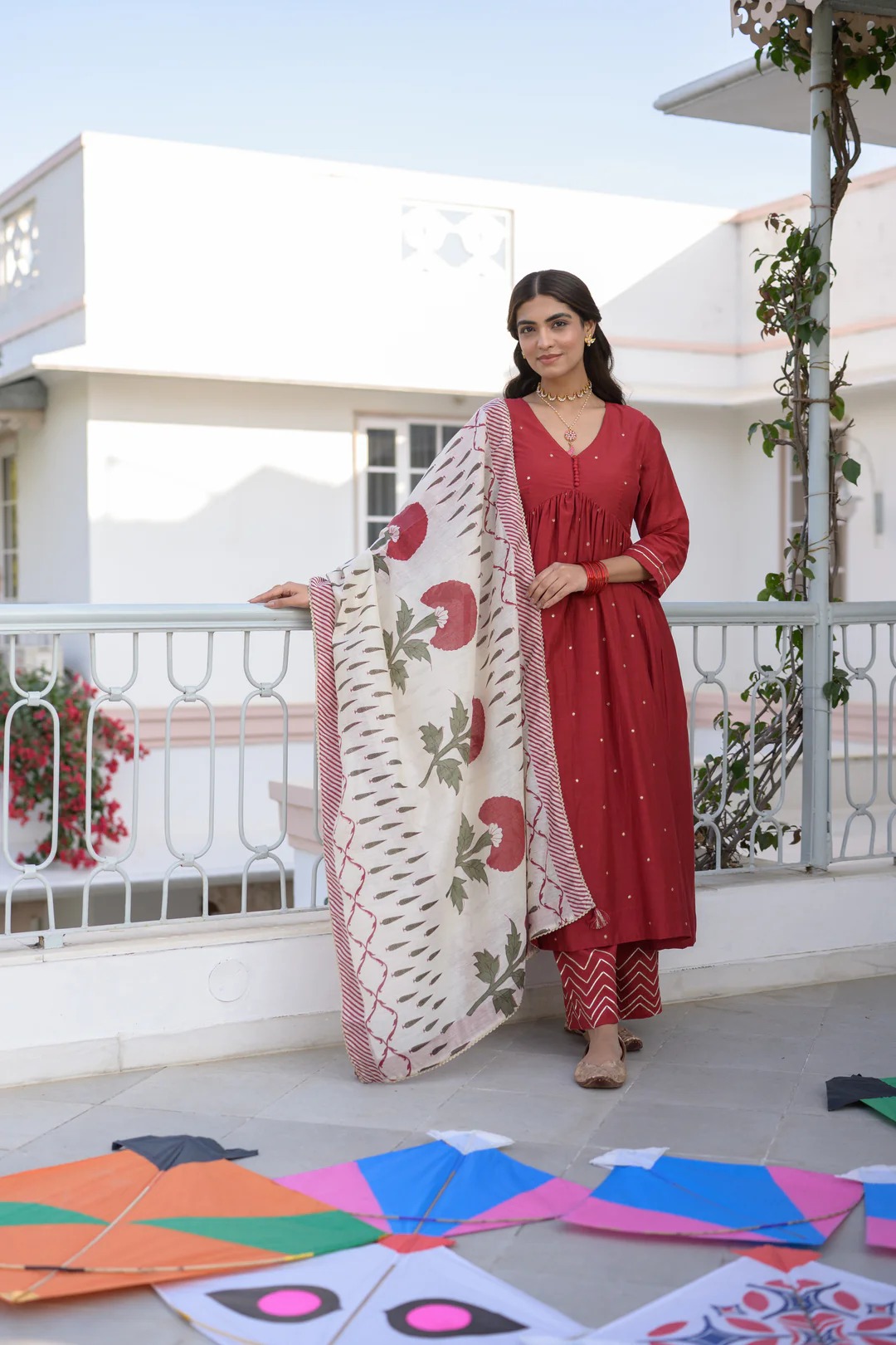 Deep Red Mul Chanderi Alia Cut With Spread Mirror work and Block Print Dupatta Suit Set - Image 4