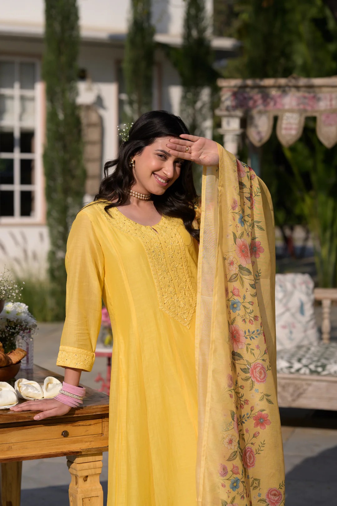 Butter Yellow Lucknowi Work Mul Chanderi Anarkali Suit Set - Image 5