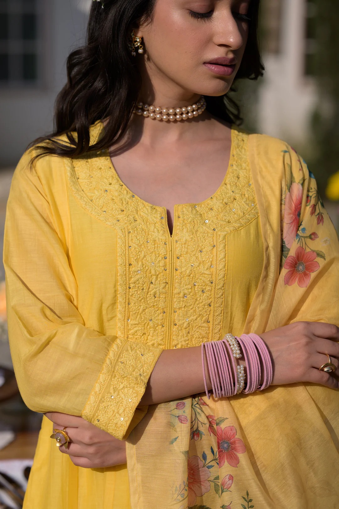 Butter Yellow Lucknowi Work Mul Chanderi Anarkali Suit Set - Image 6