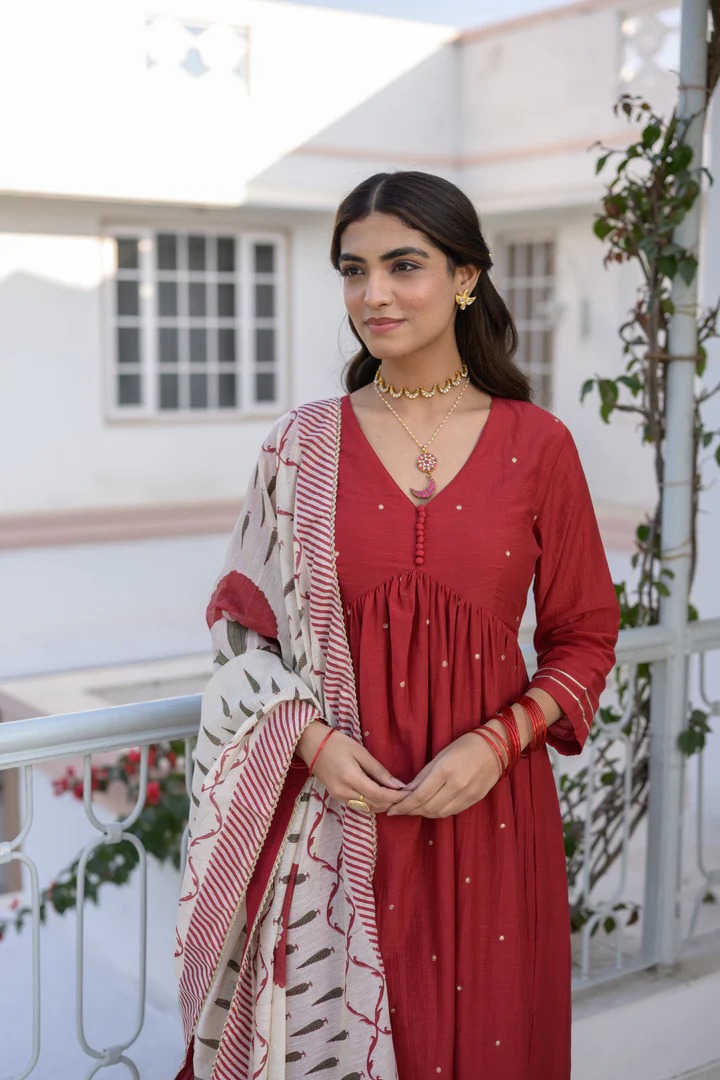 Deep Red Mul Chanderi Alia Cut With Spread Mirror work and Block Print Dupatta Suit Set - Image 5
