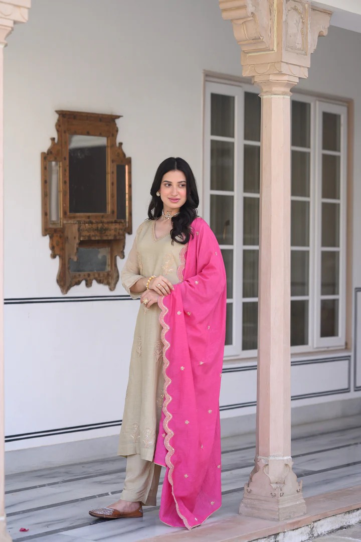 Beige Marodi Spread Work Kurta with Pink Scallop Dupatta Mul Chanderi Suit Set - Image 5