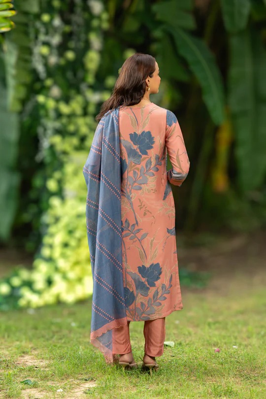 Peach and Greyish Blue Muslin Suit Set With Cut Work Dupatta - Image 6