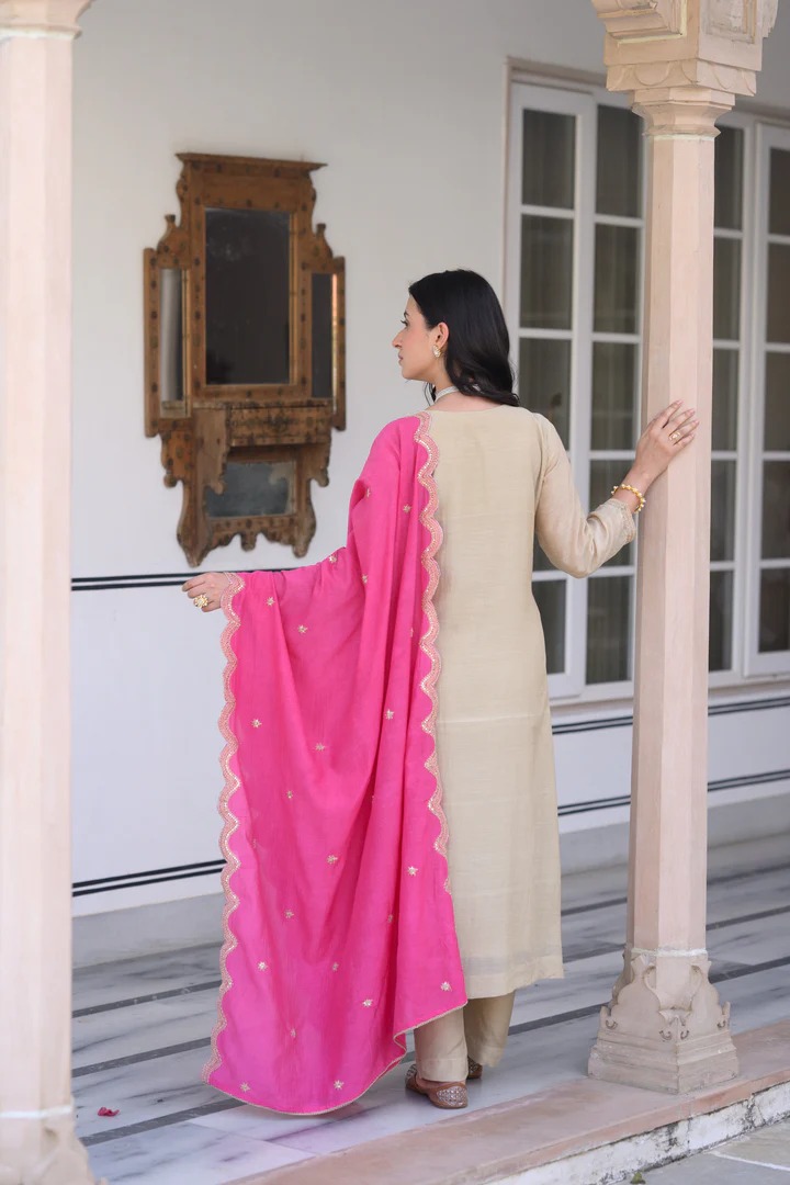 Beige Marodi Spread Work Kurta with Pink Scallop Dupatta Mul Chanderi Suit Set - Image 6