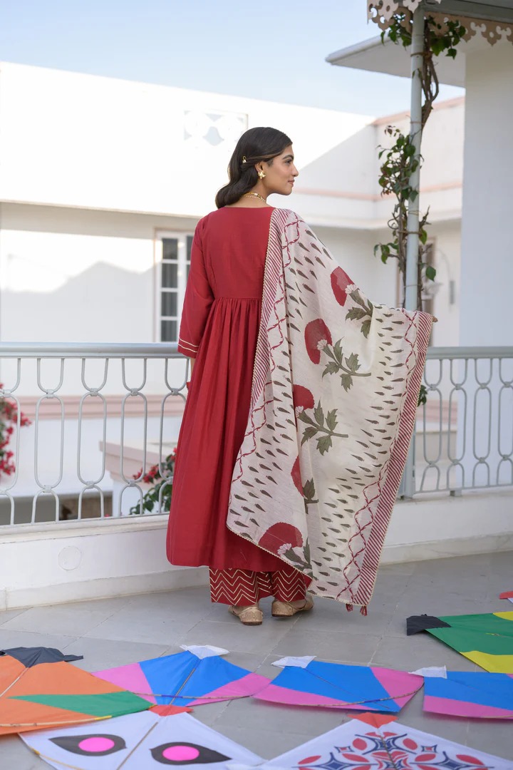 Deep Red Mul Chanderi Alia Cut With Spread Mirror work and Block Print Dupatta Suit Set - Image 6