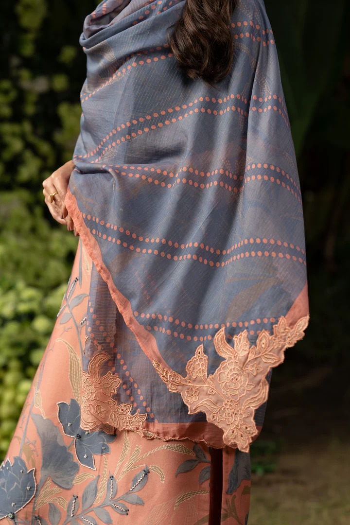 Peach and Greyish Blue Muslin Suit Set With Cut Work Dupatta - Image 7