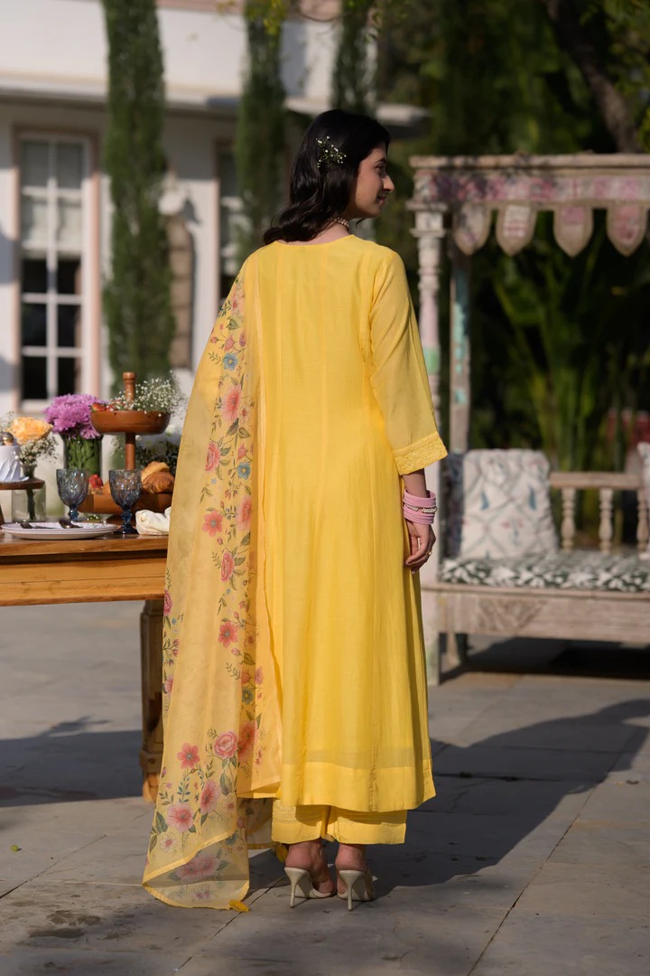 Butter Yellow Lucknowi Work Mul Chanderi Anarkali Suit Set - Image 7