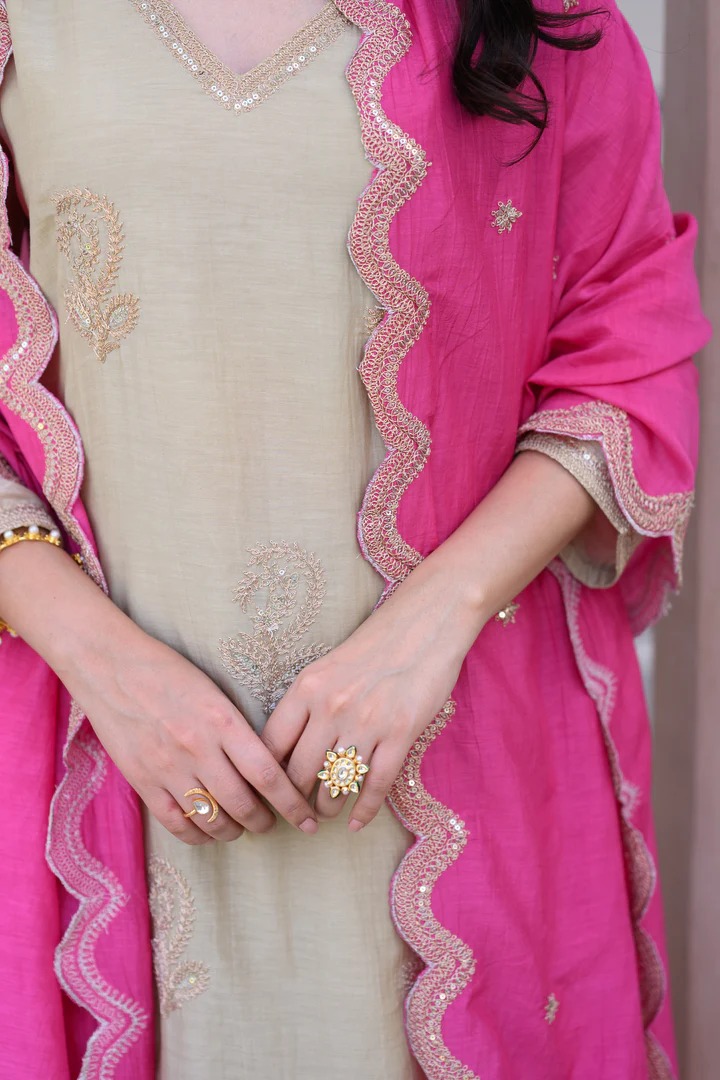 Beige Marodi Spread Work Kurta with Pink Scallop Dupatta Mul Chanderi Suit Set - Image 8