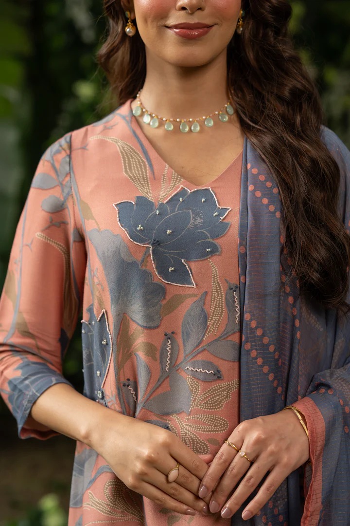 Peach and Greyish Blue Muslin Suit Set With Cut Work Dupatta - Image 8