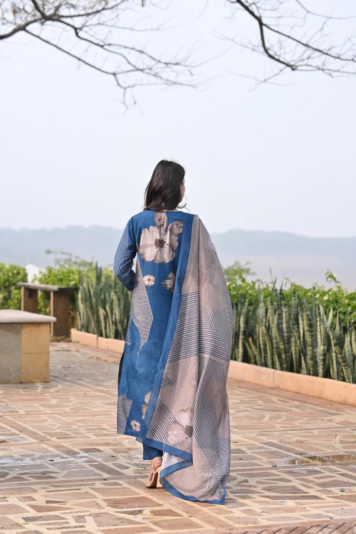 Blue Fagun Floral Print Pure Muslin Suit Set With Sequence , Patch and Thredle work - Image 7