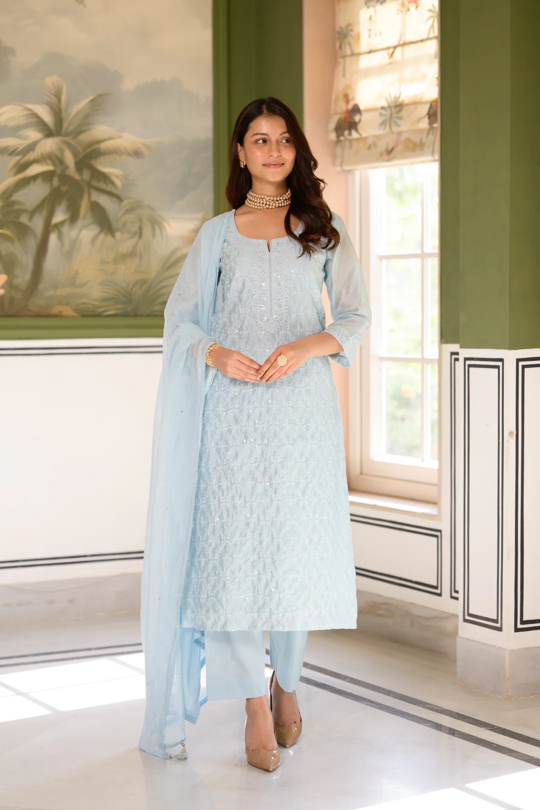 Ice Blue thread Work Chanderi Suit Set with Kota Doriya Dupatta